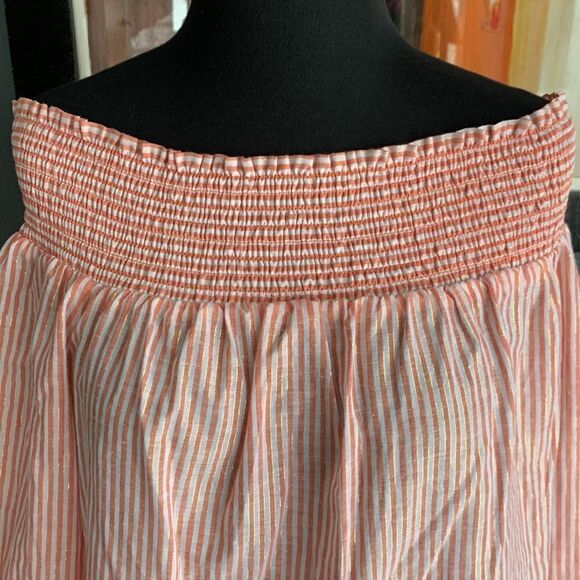 MICHAEL MICHAEL KORS orange & gold thread pinstripe off shoulder linen blend top - Picture 5 of 9